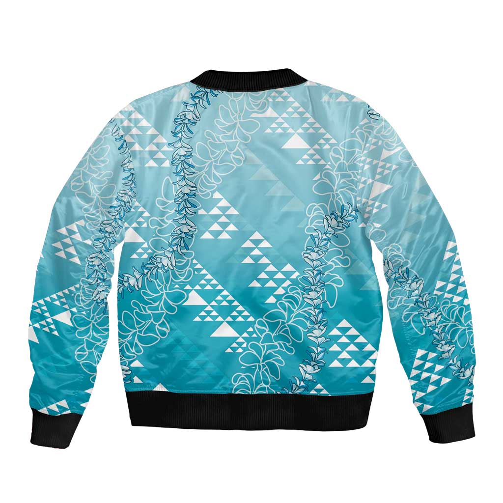 Hawaii Turquoise Kapa Bomber Jacket Vintage 'Ohe Kāpala Motifs Mix Plumeria Leis LT7 - Polynesian Pride