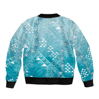 Hawaii Turquoise Kapa Bomber Jacket Vintage 'Ohe Kāpala Motifs Mix Plumeria Leis LT7 - Polynesian Pride