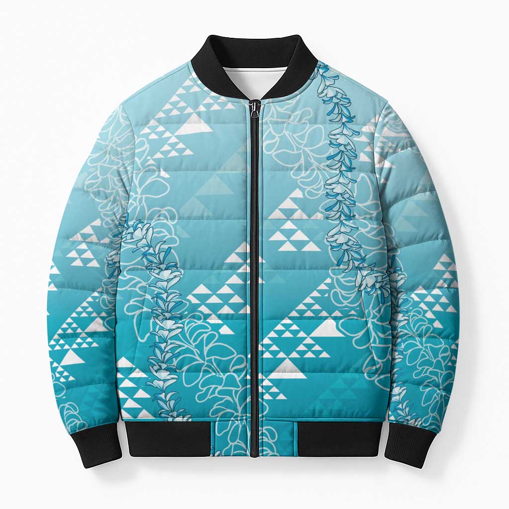 Hawaii Turquoise Kapa Bomber Puffer Jacket Vintage 'Ohe Kāpala Motifs Mix Plumeria Leis LT7 Unisex Turquoise - Polynesian Pride