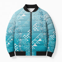 Hawaii Turquoise Kapa Bomber Puffer Jacket Vintage 'Ohe Kāpala Motifs Mix Plumeria Leis LT7 Unisex Turquoise - Polynesian Pride