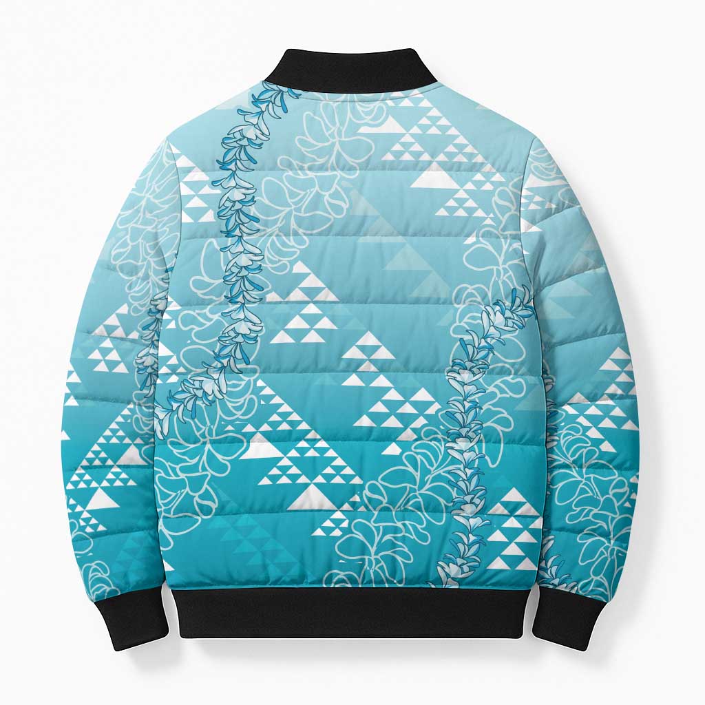 Hawaii Turquoise Kapa Bomber Puffer Jacket Vintage 'Ohe Kāpala Motifs Mix Plumeria Leis LT7 - Polynesian Pride