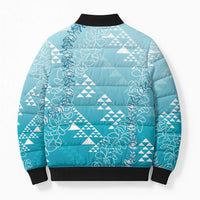 Hawaii Turquoise Kapa Bomber Puffer Jacket Vintage 'Ohe Kāpala Motifs Mix Plumeria Leis LT7 - Polynesian Pride