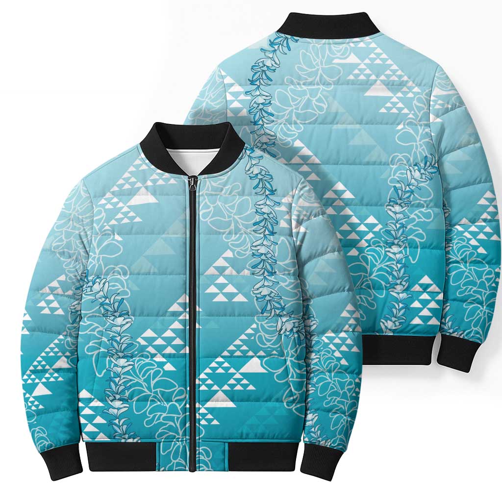 Hawaii Turquoise Kapa Bomber Puffer Jacket Vintage 'Ohe Kāpala Motifs Mix Plumeria Leis LT7 - Polynesian Pride