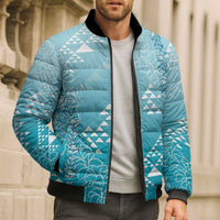 Hawaii Turquoise Kapa Bomber Puffer Jacket Vintage 'Ohe Kāpala Motifs Mix Plumeria Leis LT7 - Polynesian Pride