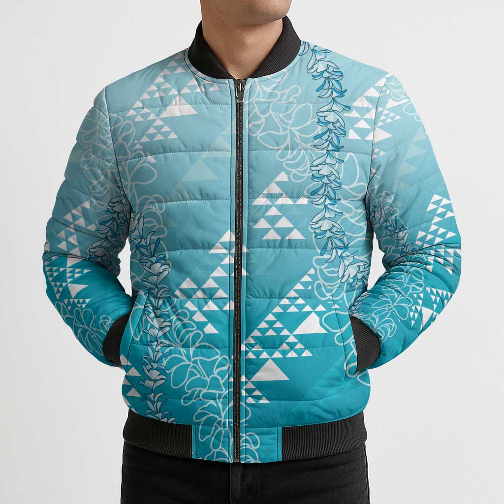 Hawaii Turquoise Kapa Bomber Puffer Jacket Vintage 'Ohe Kāpala Motifs Mix Plumeria Leis LT7 - Polynesian Pride