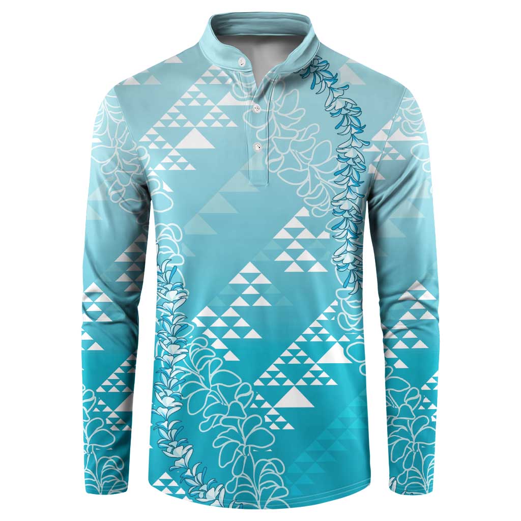 Hawaii Turquoise Kapa Button Sweatshirt Vintage 'Ohe Kāpala Motifs Mix Plumeria Leis LT7 Turquoise - Polynesian Pride