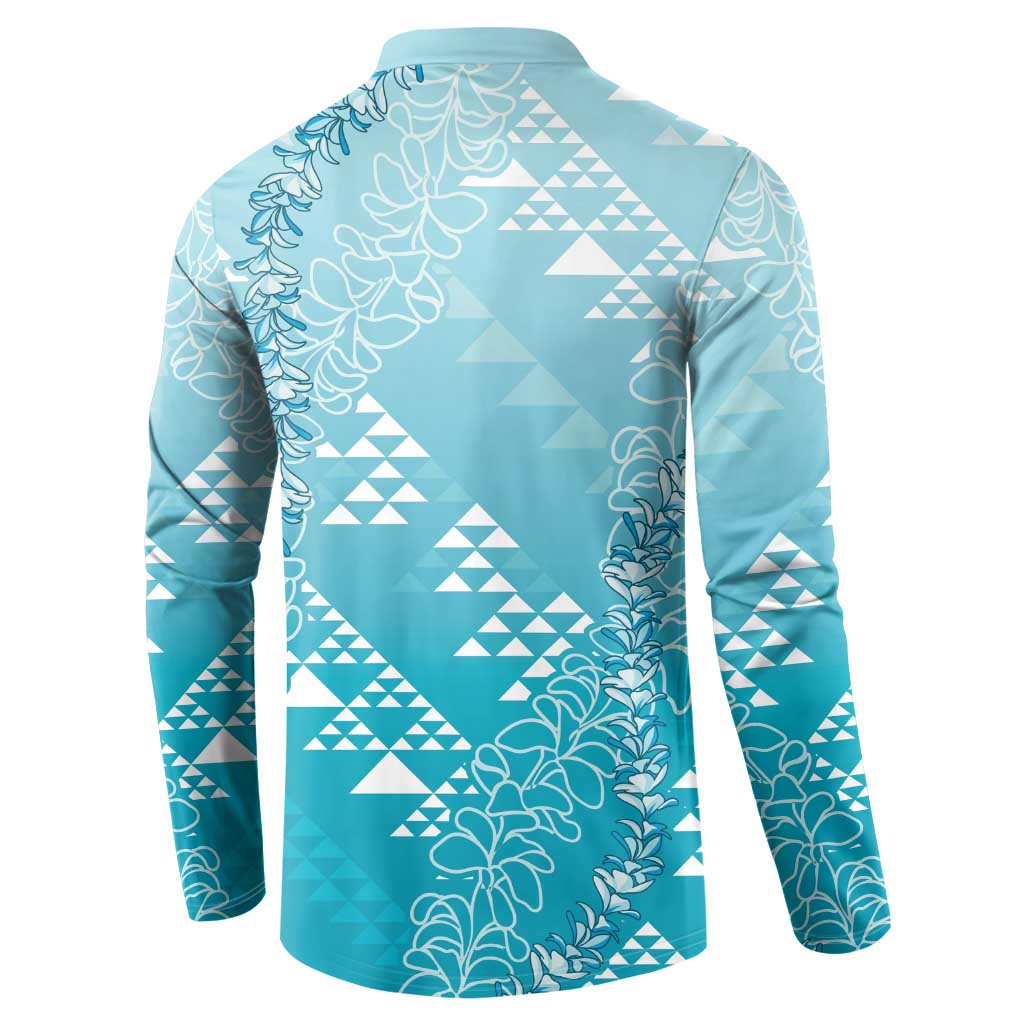 Hawaii Turquoise Kapa Button Sweatshirt Vintage 'Ohe Kāpala Motifs Mix Plumeria Leis LT7 - Polynesian Pride
