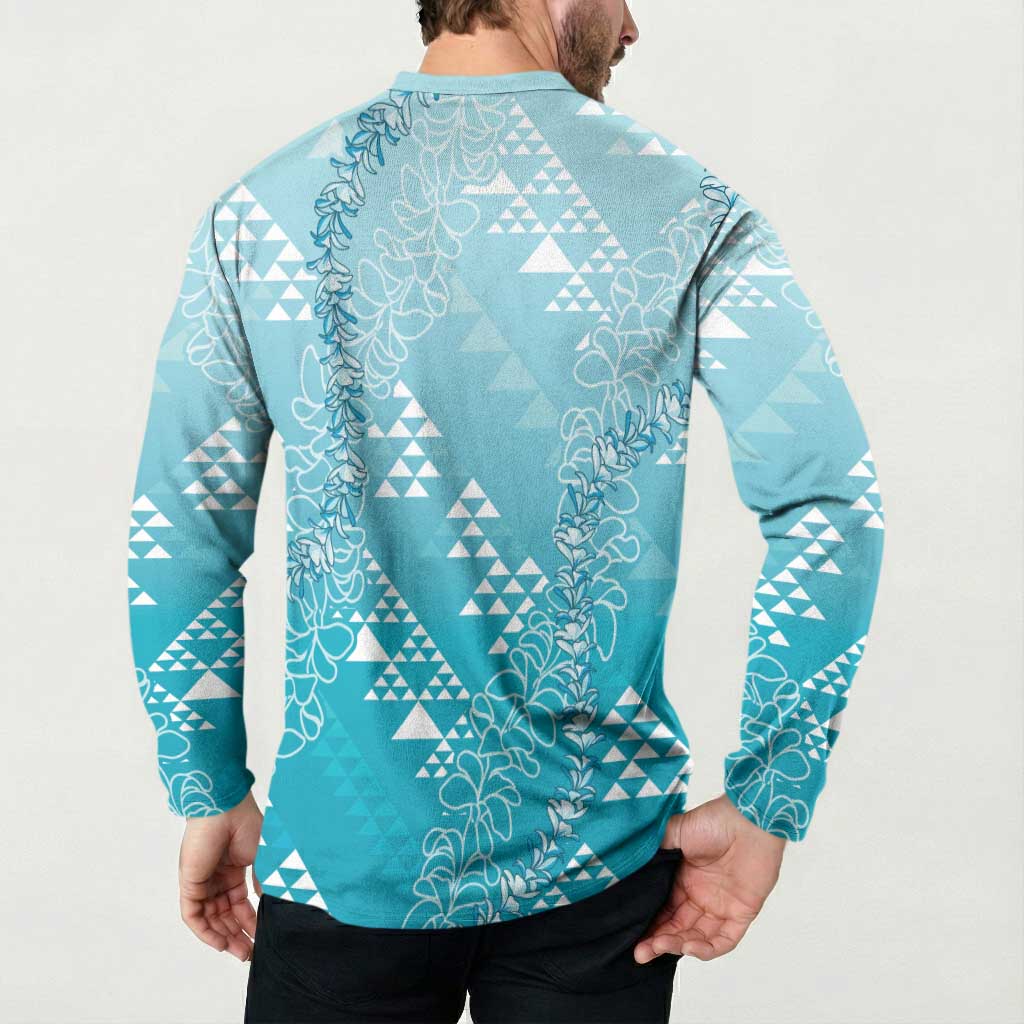 Hawaii Turquoise Kapa Button Sweatshirt Vintage 'Ohe Kāpala Motifs Mix Plumeria Leis LT7 - Polynesian Pride