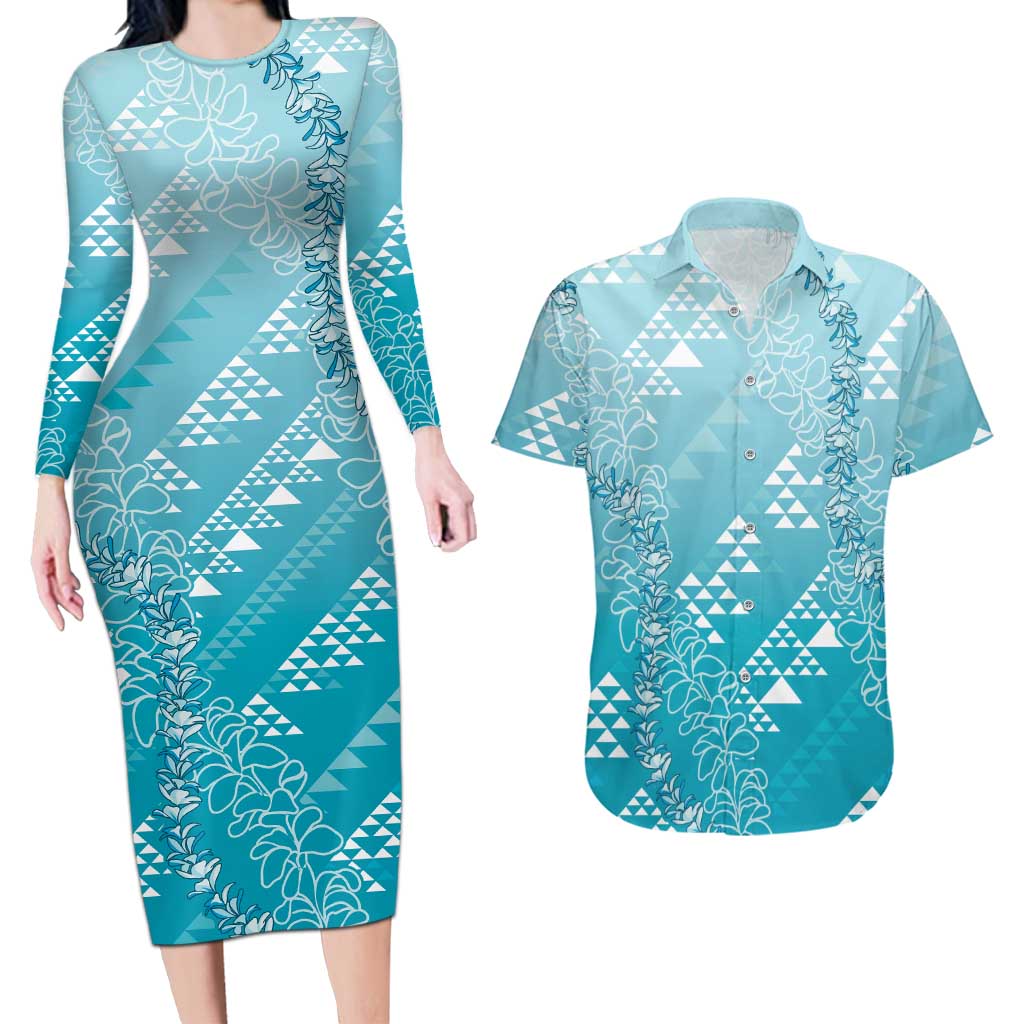 Hawaii Turquoise Kapa Couples Matching Long Sleeve Bodycon Dress and Hawaiian Shirt Vintage 'Ohe Kāpala Motifs Mix Plumeria Leis LT7 Turquoise - Polynesian Pride
