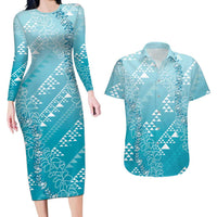 Hawaii Turquoise Kapa Couples Matching Long Sleeve Bodycon Dress and Hawaiian Shirt Vintage 'Ohe Kāpala Motifs Mix Plumeria Leis