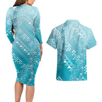 Hawaii Turquoise Kapa Couples Matching Long Sleeve Bodycon Dress and Hawaiian Shirt Vintage 'Ohe Kāpala Motifs Mix Plumeria Leis