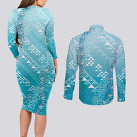 Hawaii Turquoise Kapa Couples Matching Long Sleeve Bodycon Dress and Long Sleeve Button Shirt Vintage 'Ohe Kāpala Motifs Mix Plumeria Leis