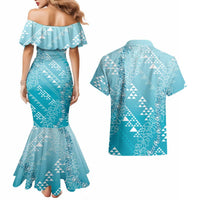 Hawaii Turquoise Kapa Couples Matching Mermaid Dress and Hawaiian Shirt Vintage 'Ohe Kāpala Motifs Mix Plumeria Leis