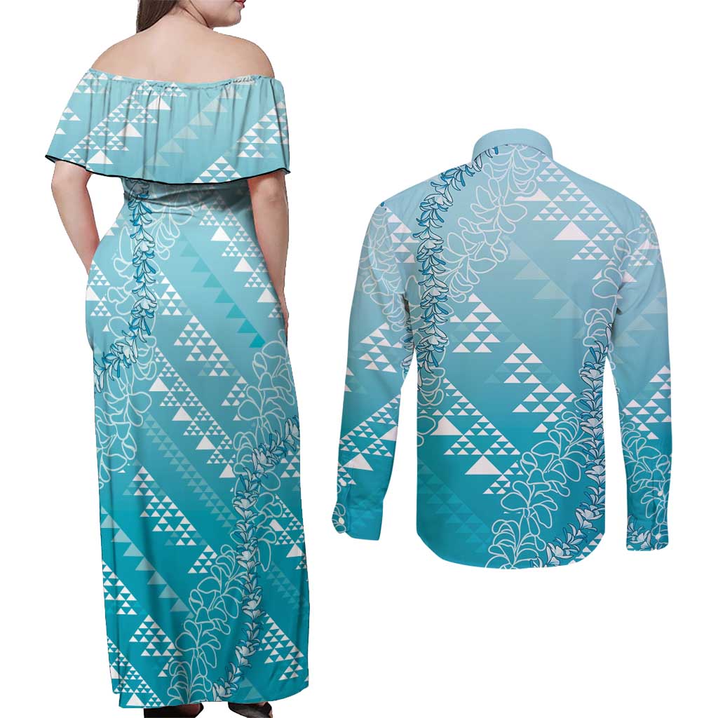 Hawaii Turquoise Kapa Couples Matching Off Shoulder Maxi Dress and Long Sleeve Button Shirt Vintage 'Ohe Kāpala Motifs Mix Plumeria Leis