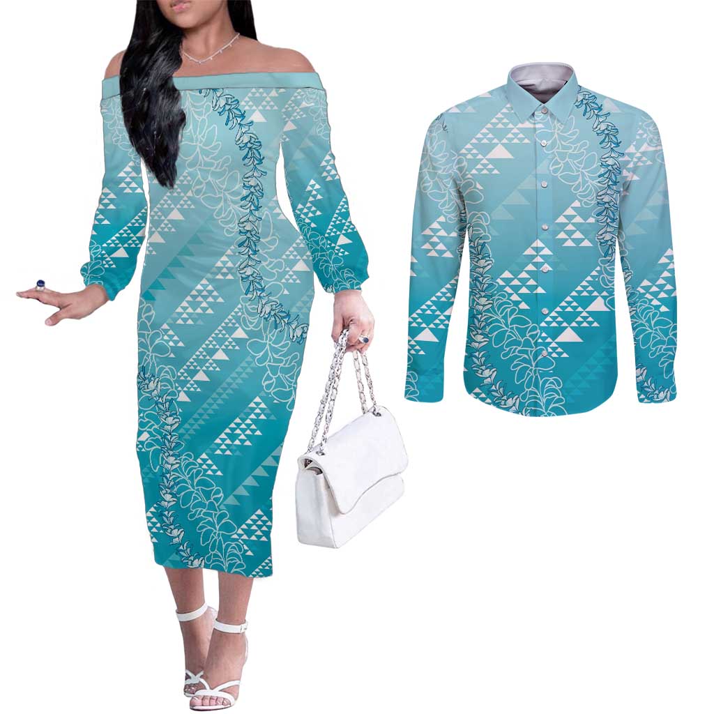 Hawaii Turquoise Kapa Couples Matching Off The Shoulder Long Sleeve Dress and Long Sleeve Button Shirt Vintage 'Ohe Kāpala Motifs Mix Plumeria Leis LT7 Turquoise - Polynesian Pride