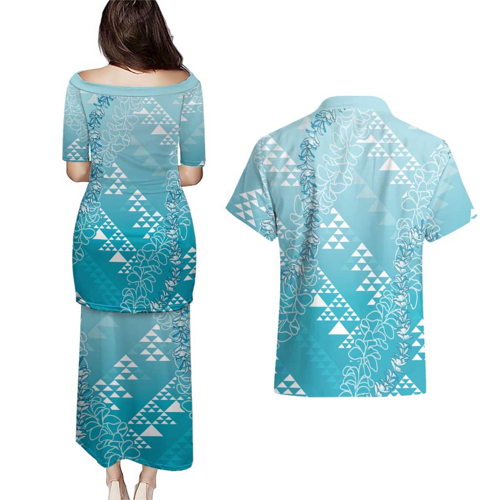Hawaii Turquoise Kapa Couples Matching Puletasi and Hawaiian Shirt Vintage 'Ohe Kāpala Motifs Mix Plumeria Leis