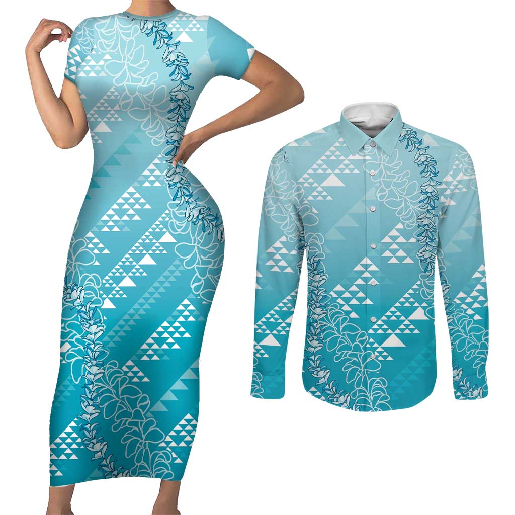 Hawaii Turquoise Kapa Couples Matching Short Sleeve Bodycon Dress and Long Sleeve Button Shirt Vintage 'Ohe Kāpala Motifs Mix Plumeria Leis