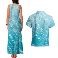Hawaii Turquoise Kapa Couples Matching Tank Maxi Dress and Hawaiian Shirt Vintage 'Ohe Kāpala Motifs Mix Plumeria Leis