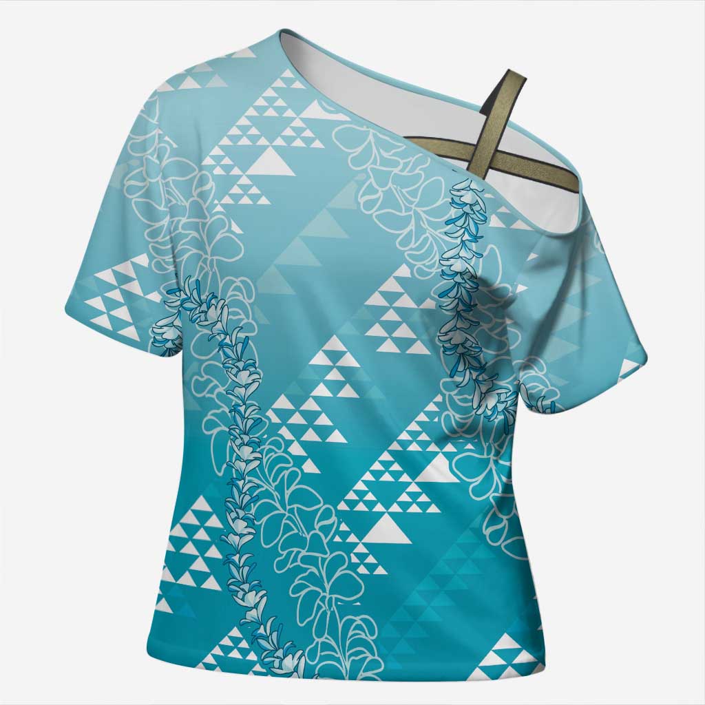 Hawaii Turquoise Kapa Cross Shoulder Shirt Vintage 'Ohe Kāpala Motifs Mix Plumeria Leis LT7 Female Turquoise - Polynesian Pride