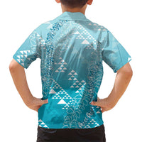 Hawaii Turquoise Kapa Family Matching Long Sleeve Bodycon Dress and Hawaiian Shirt Vintage 'Ohe Kāpala Motifs Mix Plumeria Leis