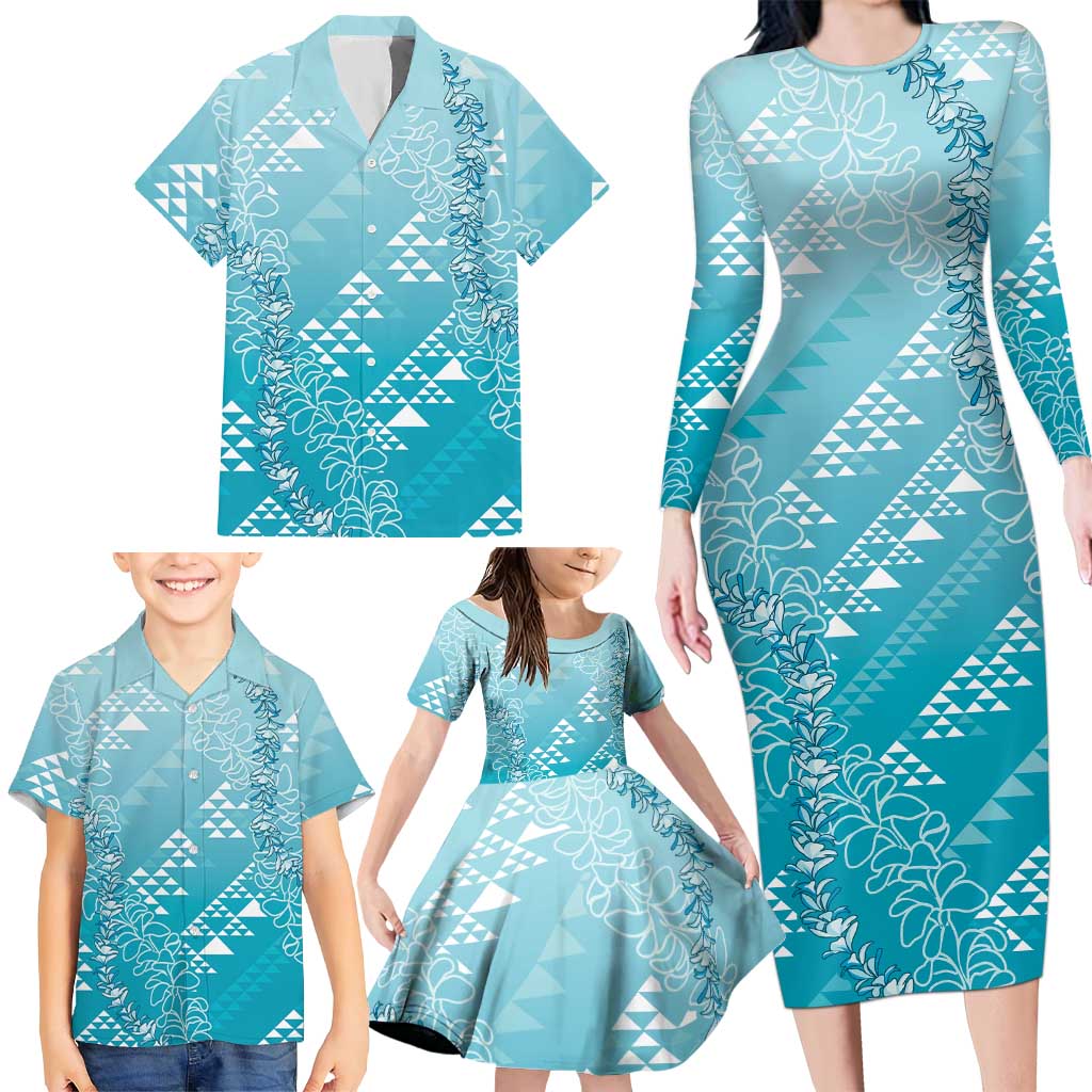 Hawaii Turquoise Kapa Family Matching Long Sleeve Bodycon Dress and Hawaiian Shirt Vintage 'Ohe Kāpala Motifs Mix Plumeria Leis LT7 - Polynesian Pride