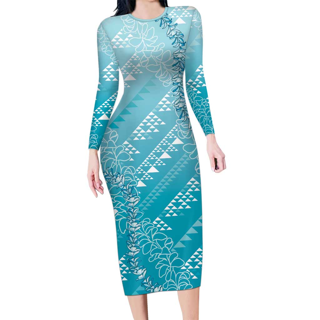 Hawaii Turquoise Kapa Family Matching Long Sleeve Bodycon Dress and Hawaiian Shirt Vintage 'Ohe Kāpala Motifs Mix Plumeria Leis