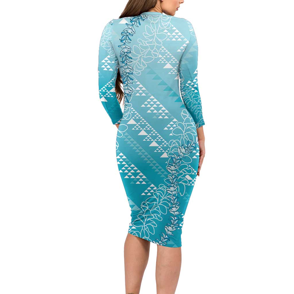 Hawaii Turquoise Kapa Family Matching Long Sleeve Bodycon Dress and Hawaiian Shirt Vintage 'Ohe Kāpala Motifs Mix Plumeria Leis