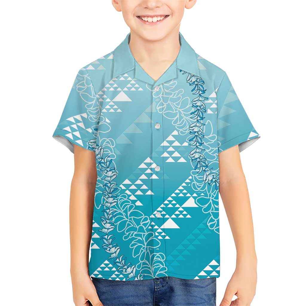 Hawaii Turquoise Kapa Family Matching Long Sleeve Bodycon Dress and Hawaiian Shirt Vintage 'Ohe Kāpala Motifs Mix Plumeria Leis