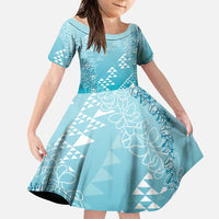 Hawaii Turquoise Kapa Family Matching Mermaid Dress and Hawaiian Shirt Vintage 'Ohe Kāpala Motifs Mix Plumeria Leis