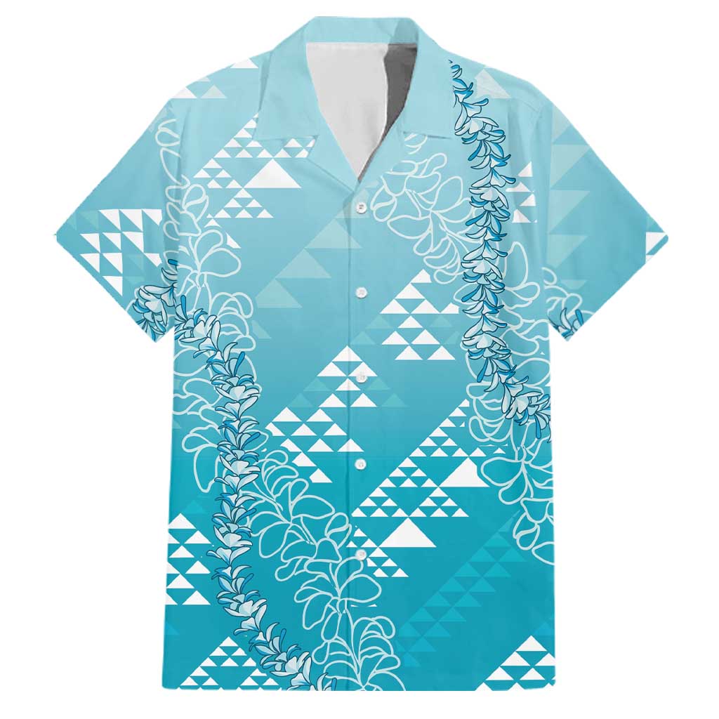 Hawaii Turquoise Kapa Family Matching Mermaid Dress and Hawaiian Shirt Vintage 'Ohe Kāpala Motifs Mix Plumeria Leis