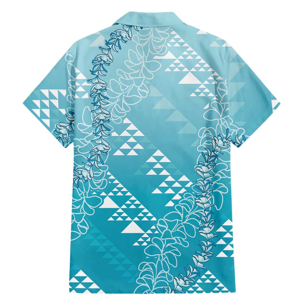 Hawaii Turquoise Kapa Family Matching Off The Shoulder Long Sleeve Dress and Hawaiian Shirt Vintage 'Ohe Kāpala Motifs Mix Plumeria Leis