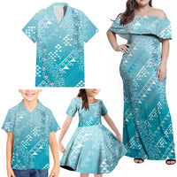 Hawaii Turquoise Kapa Family Matching Off Shoulder Maxi Dress and Hawaiian Shirt Vintage 'Ohe Kāpala Motifs Mix Plumeria Leis