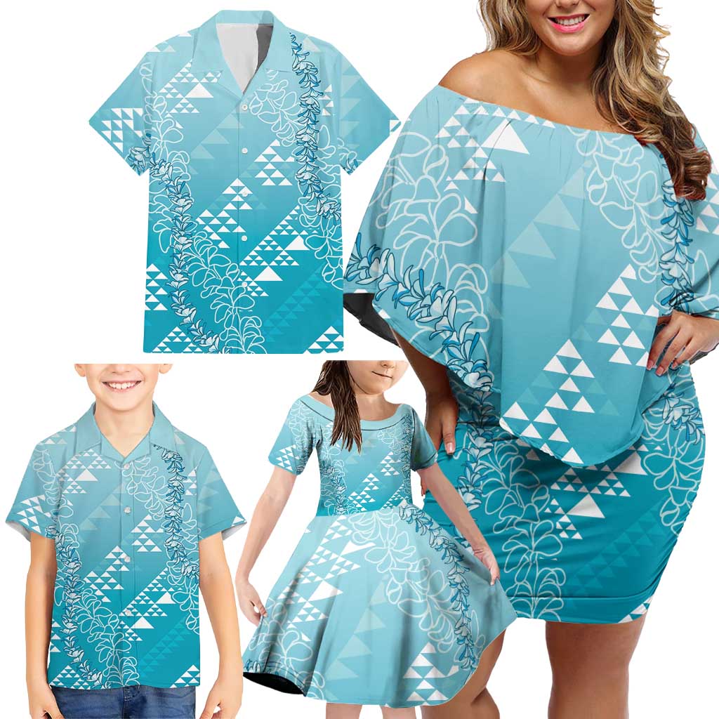 Hawaii Turquoise Kapa Family Matching Off Shoulder Short Dress and Hawaiian Shirt Vintage 'Ohe Kāpala Motifs Mix Plumeria Leis