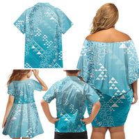 Hawaii Turquoise Kapa Family Matching Off Shoulder Short Dress and Hawaiian Shirt Vintage 'Ohe Kāpala Motifs Mix Plumeria Leis