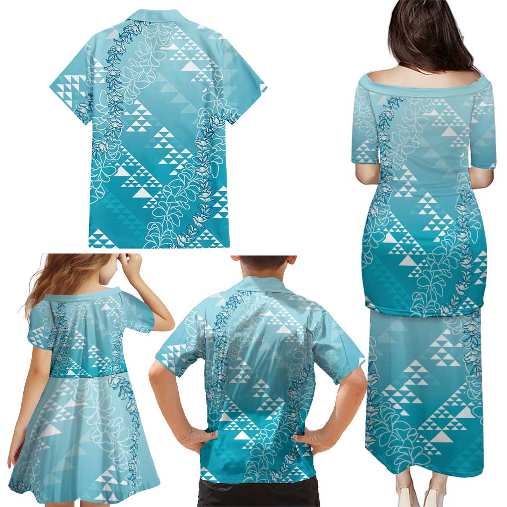 Hawaii Turquoise Kapa Family Matching Puletasi and Hawaiian Shirt Vintage 'Ohe Kāpala Motifs Mix Plumeria Leis