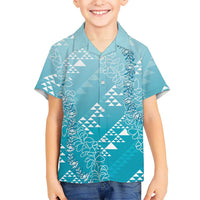 Hawaii Turquoise Kapa Family Matching Puletasi and Hawaiian Shirt Vintage 'Ohe Kāpala Motifs Mix Plumeria Leis