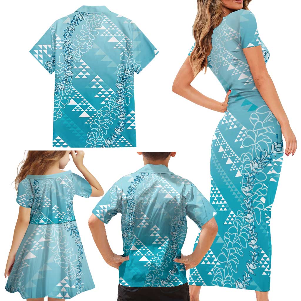 Hawaii Turquoise Kapa Family Matching Short Sleeve Bodycon Dress and Hawaiian Shirt Vintage 'Ohe Kāpala Motifs Mix Plumeria Leis