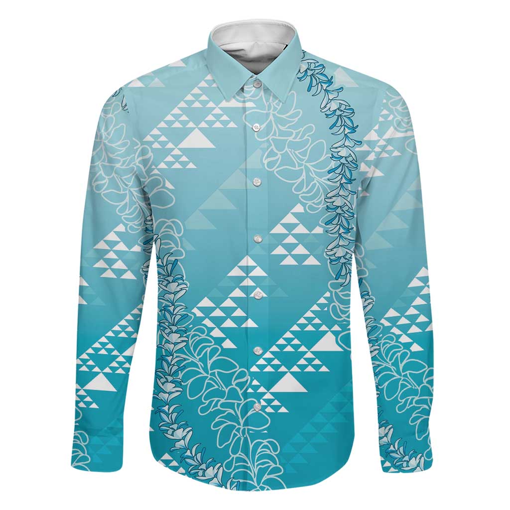 Hawaii Turquoise Kapa Family Matching Short Sleeve Bodycon Dress and Hawaiian Shirt Vintage 'Ohe Kāpala Motifs Mix Plumeria Leis