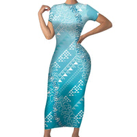 Hawaii Turquoise Kapa Family Matching Short Sleeve Bodycon Dress and Hawaiian Shirt Vintage 'Ohe Kāpala Motifs Mix Plumeria Leis