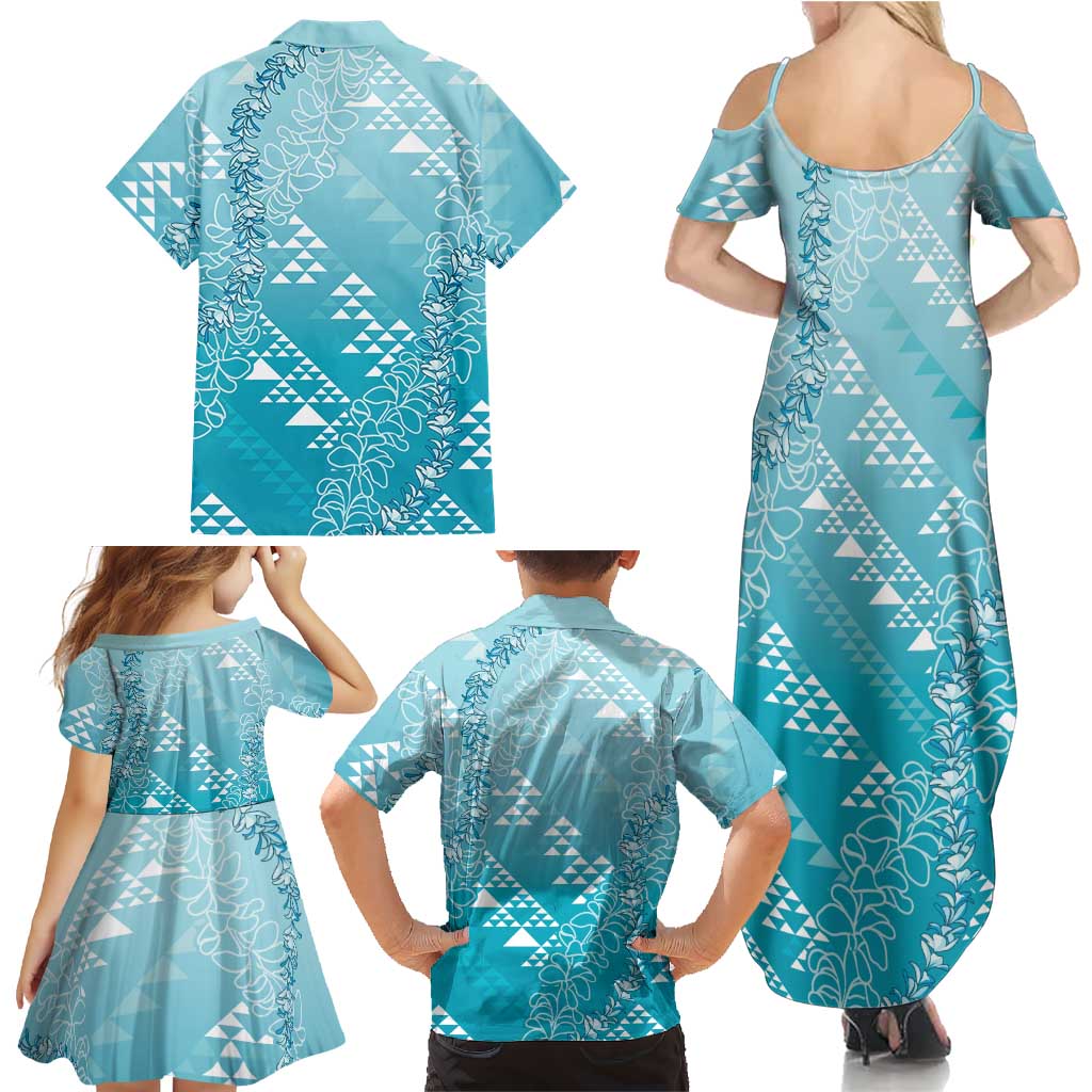 Hawaii Turquoise Kapa Family Matching Summer Maxi Dress and Hawaiian Shirt Vintage 'Ohe Kāpala Motifs Mix Plumeria Leis