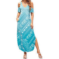 Hawaii Turquoise Kapa Family Matching Summer Maxi Dress and Hawaiian Shirt Vintage 'Ohe Kāpala Motifs Mix Plumeria Leis
