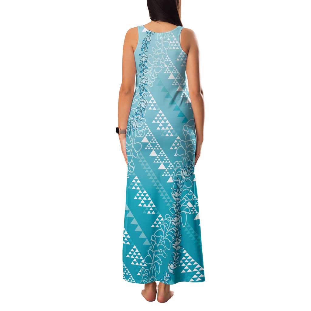 Hawaii Turquoise Kapa Family Matching Tank Maxi Dress and Hawaiian Shirt Vintage 'Ohe Kāpala Motifs Mix Plumeria Leis