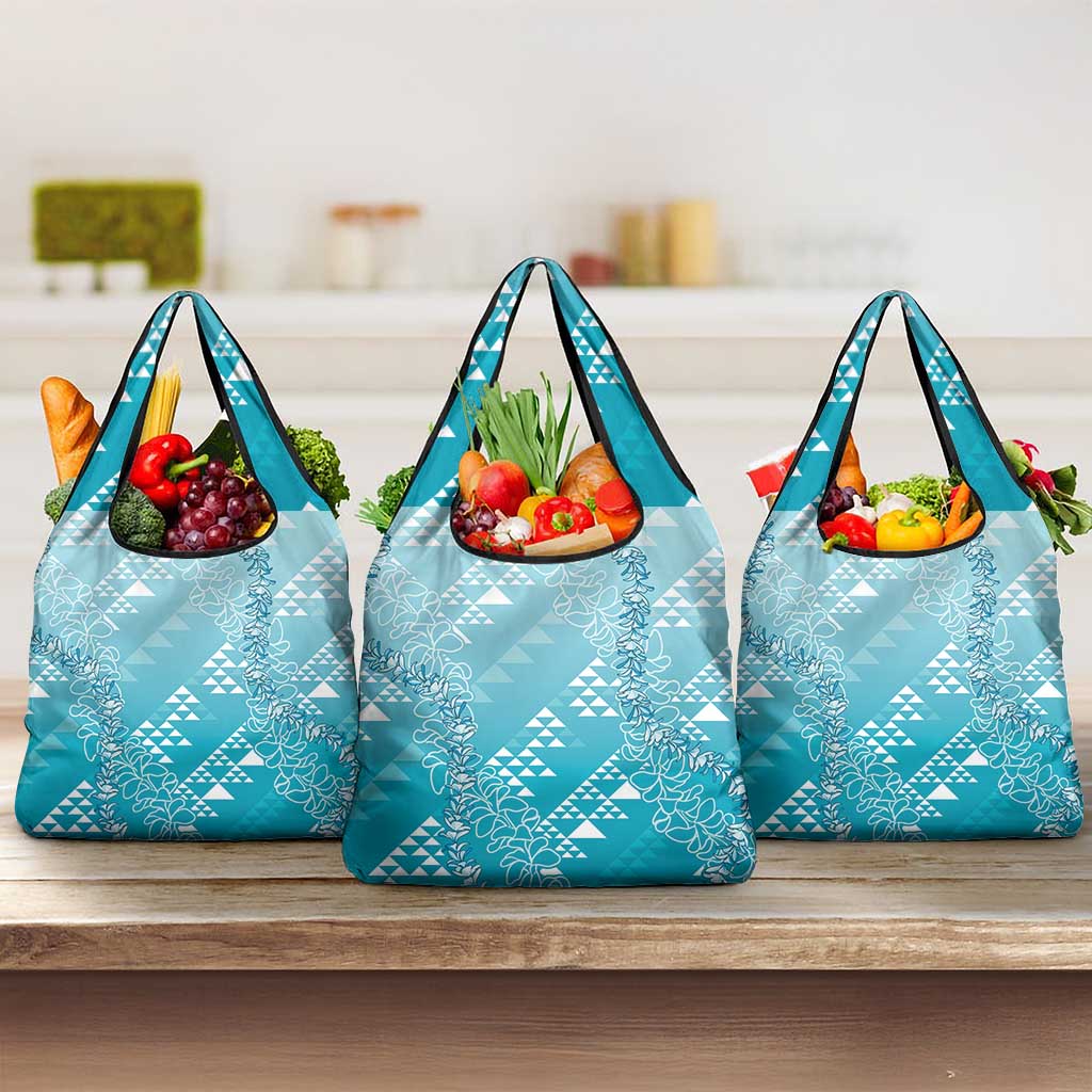 Hawaii Turquoise Kapa Grocery Bag Vintage 'Ohe Kāpala Motifs Mix Plumeria Leis