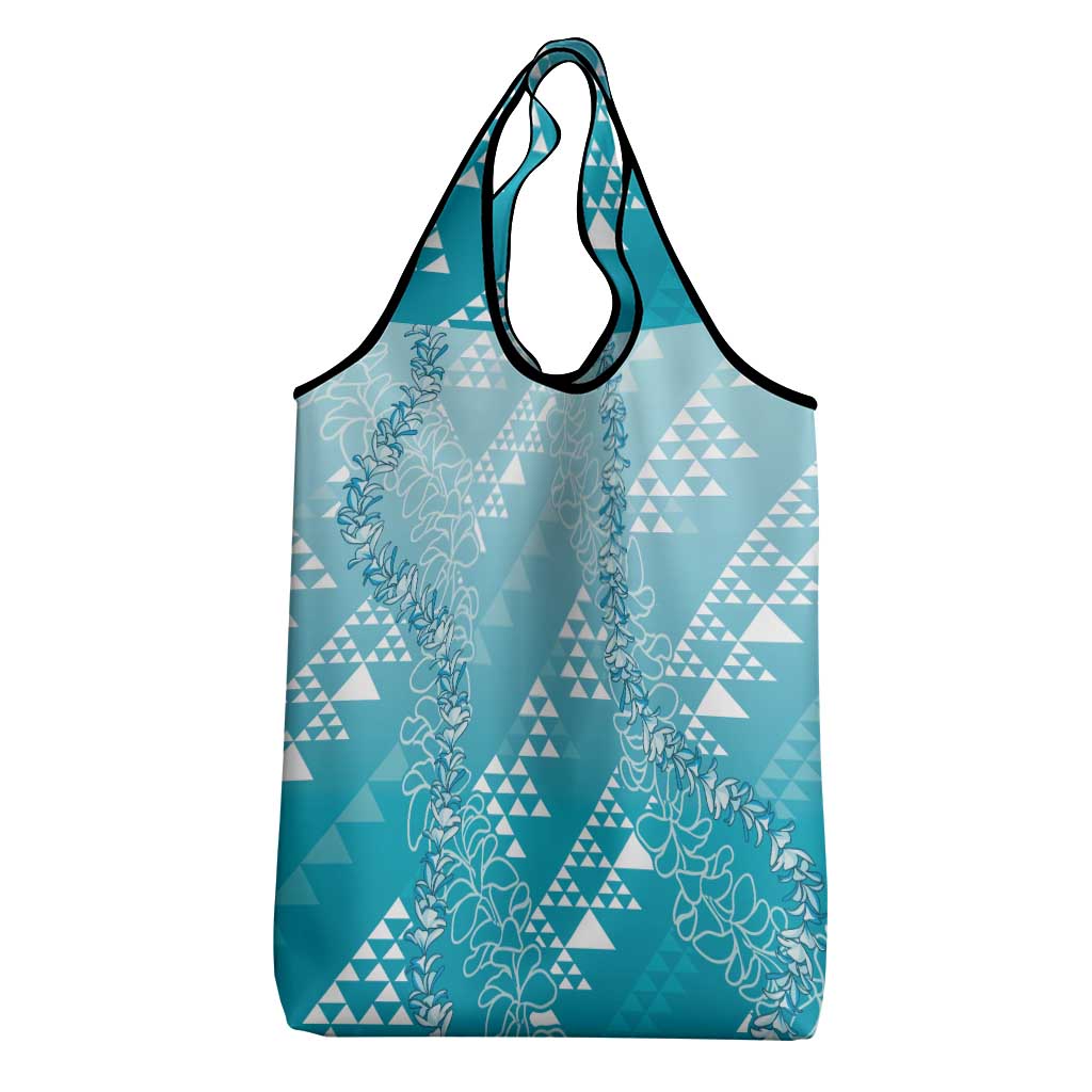 Hawaii Turquoise Kapa Grocery Bag Vintage 'Ohe Kāpala Motifs Mix Plumeria Leis