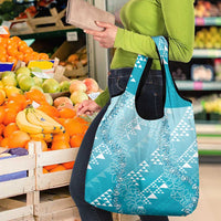 Hawaii Turquoise Kapa Grocery Bag Vintage 'Ohe Kāpala Motifs Mix Plumeria Leis