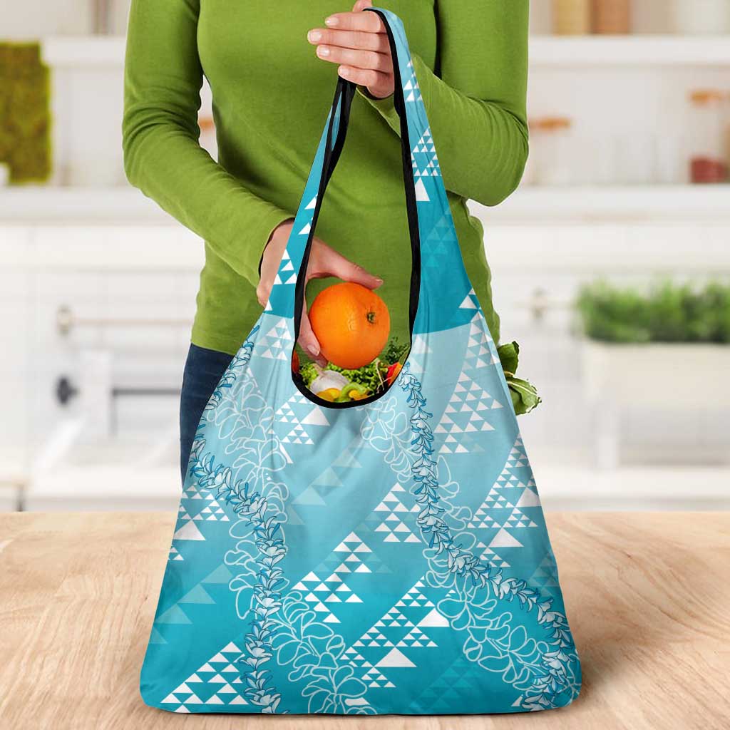 Hawaii Turquoise Kapa Grocery Bag Vintage 'Ohe Kāpala Motifs Mix Plumeria Leis