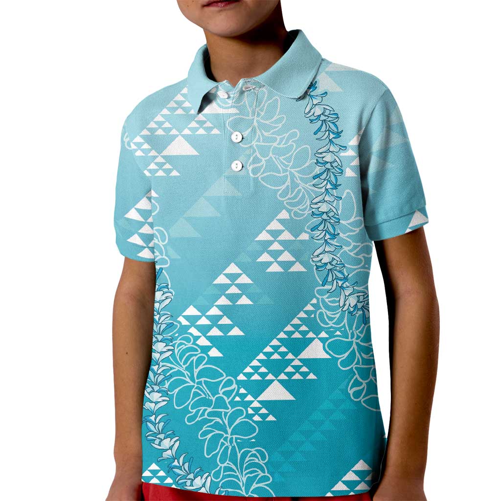 Hawaii Turquoise Kapa Kid Polo Shirt Vintage 'Ohe Kāpala Motifs Mix Plumeria Leis LT7 Kid Turquoise - Polynesian Pride