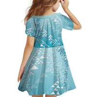Hawaii Turquoise Kapa Kid Short Sleeve Dress Vintage 'Ohe Kāpala Motifs Mix Plumeria Leis