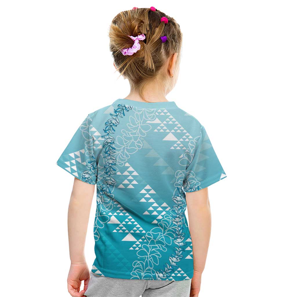Hawaii Turquoise Kapa Kid T Shirt Vintage 'Ohe Kāpala Motifs Mix Plumeria Leis