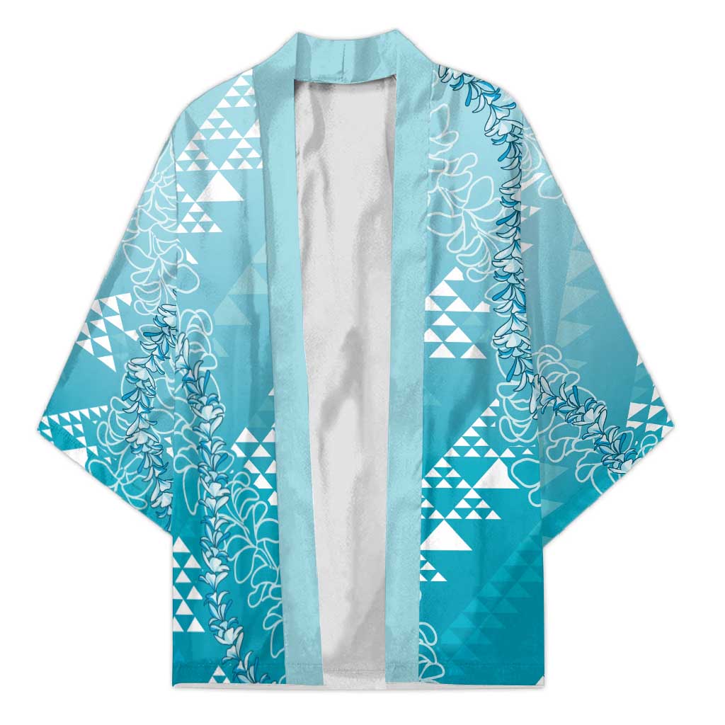 Hawaii Turquoise Kapa Kimono Vintage 'Ohe Kāpala Motifs Mix Plumeria Leis